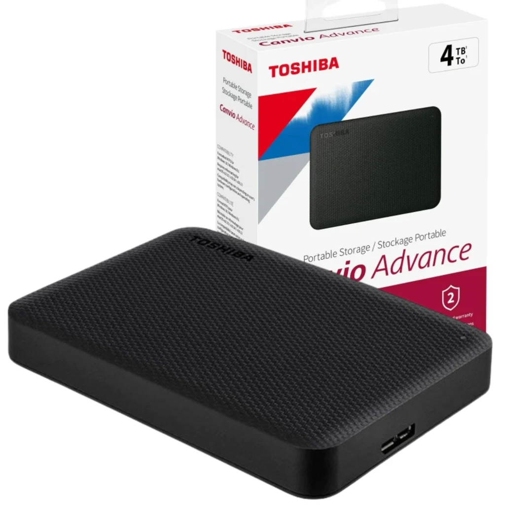 Disque dur externe Toshiba Canvio Advance 4To USB 3.2 Gen 1 Noir, contenu de la boîte: disque texturé et emballage retail