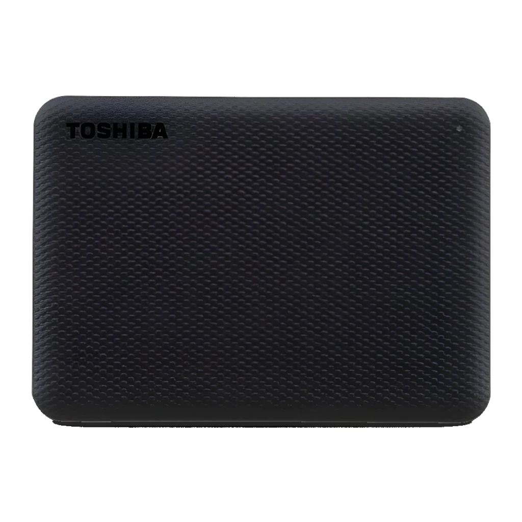 Disque dur externe Toshiba Canvio Advance 4To USB 3.2 Gen 1 Noir, détail: texture quadrillée du dessus et logo Toshiba