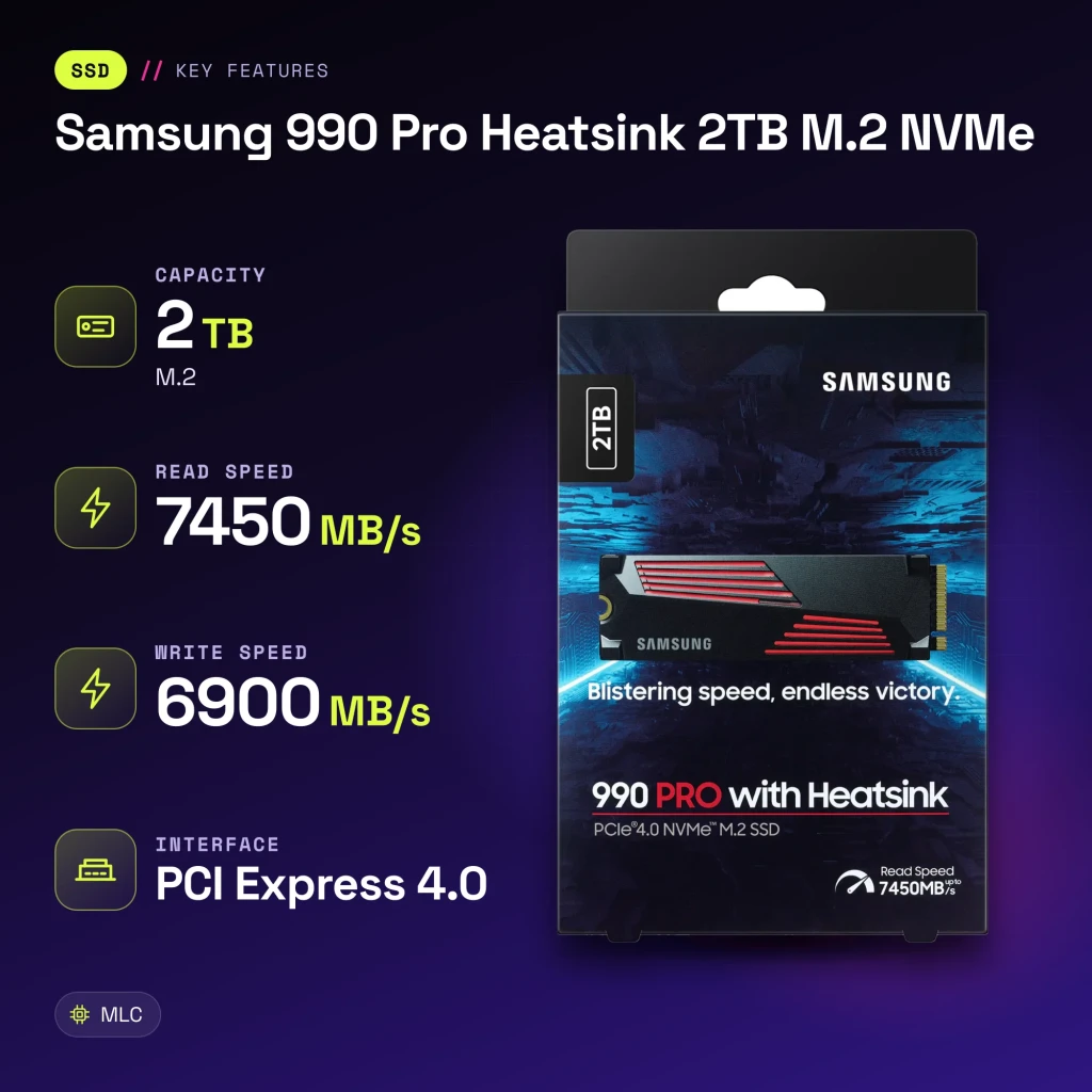 SSD Samsung 990 Pro Heatsink 2 To M.2 NVMe PCIe 4.0 avec dissipateur - caractéristiques