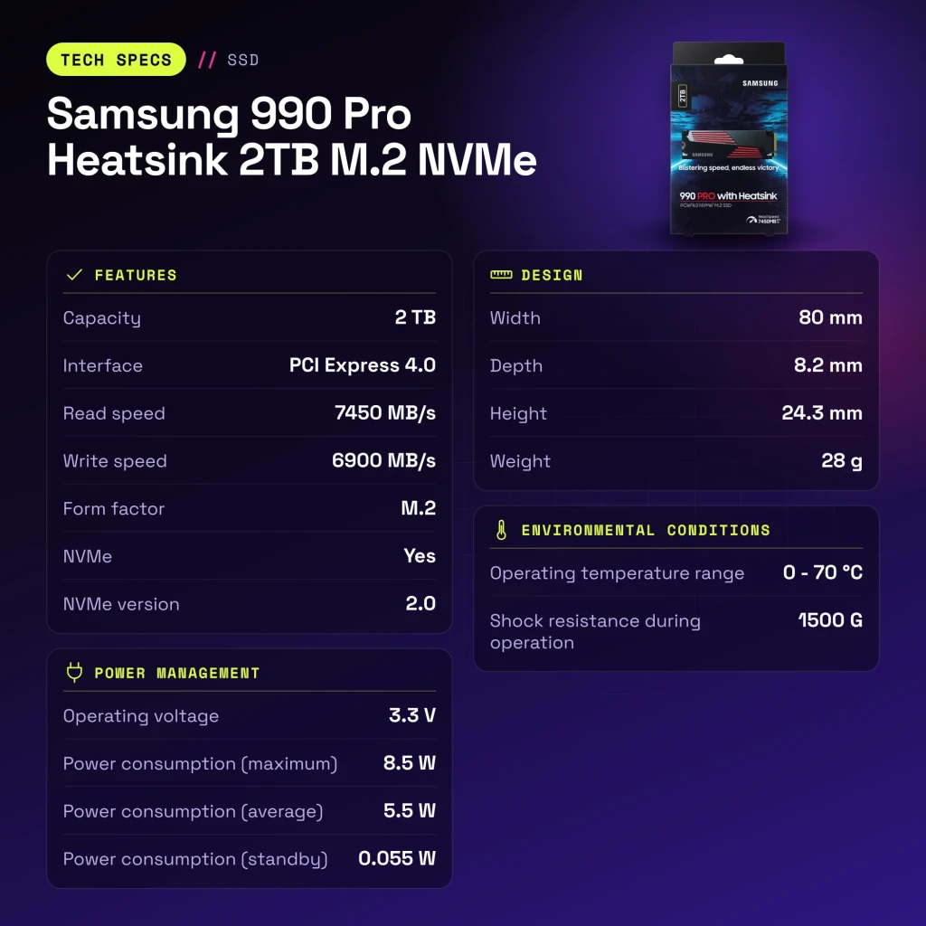 SSD Samsung 990 Pro Heatsink 2 To M.2 NVMe PCIe 4.0 avec dissipateur - caractéristiques