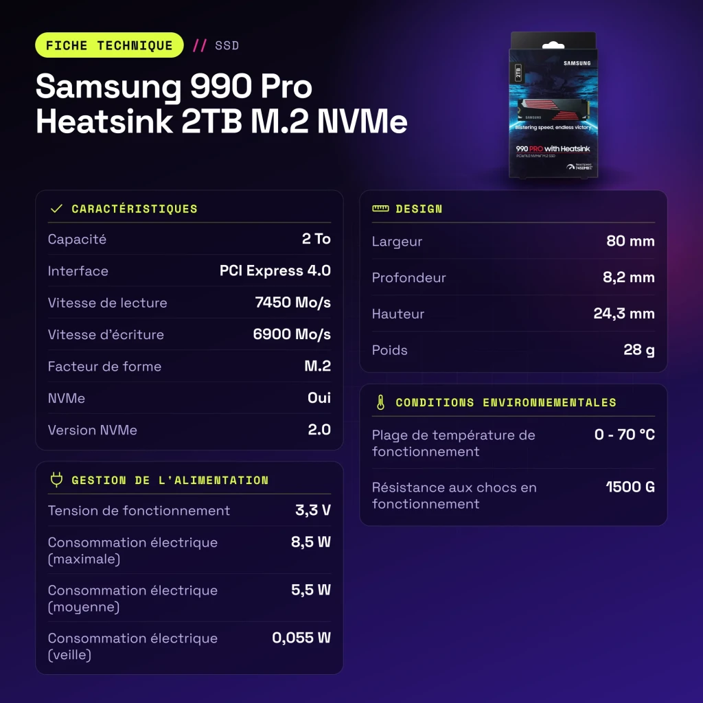 SSD Samsung 990 Pro Heatsink 2 To M.2 NVMe PCIe 4.0 avec dissipateur - caractéristiques