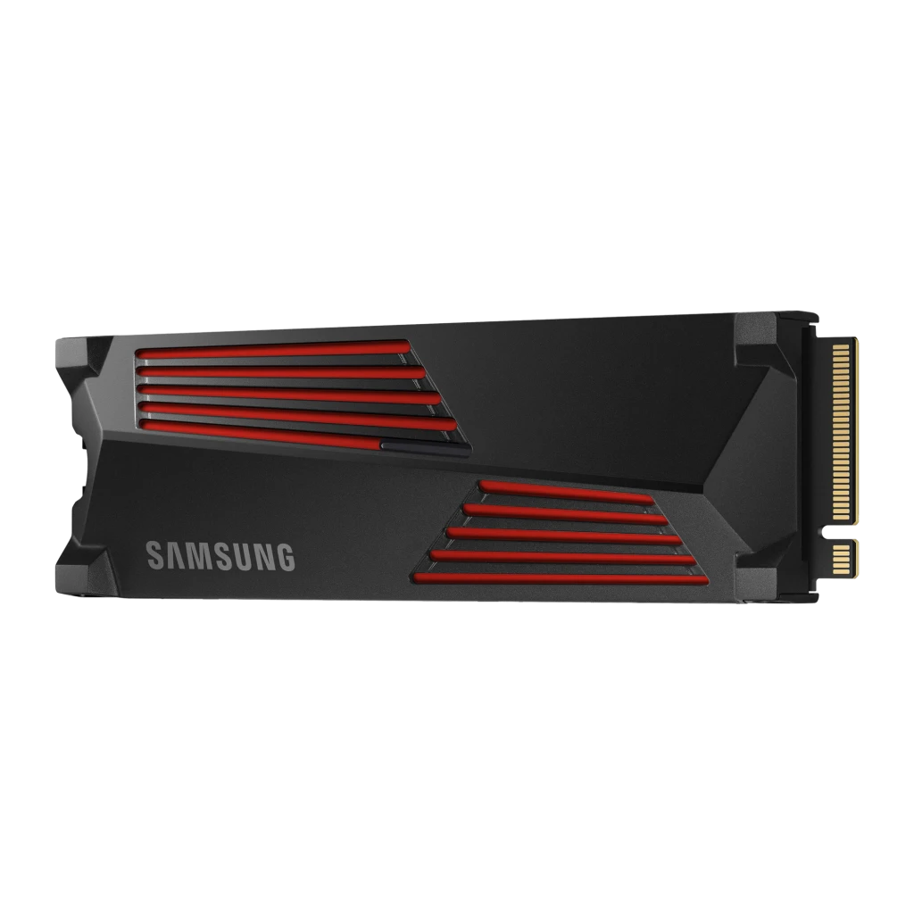 SSD Samsung 990 Pro Heatsink 2 To M.2 NVMe PCIe 4.0 avec dissipateur, vue de face: dissipateur noir avec fentes rouges