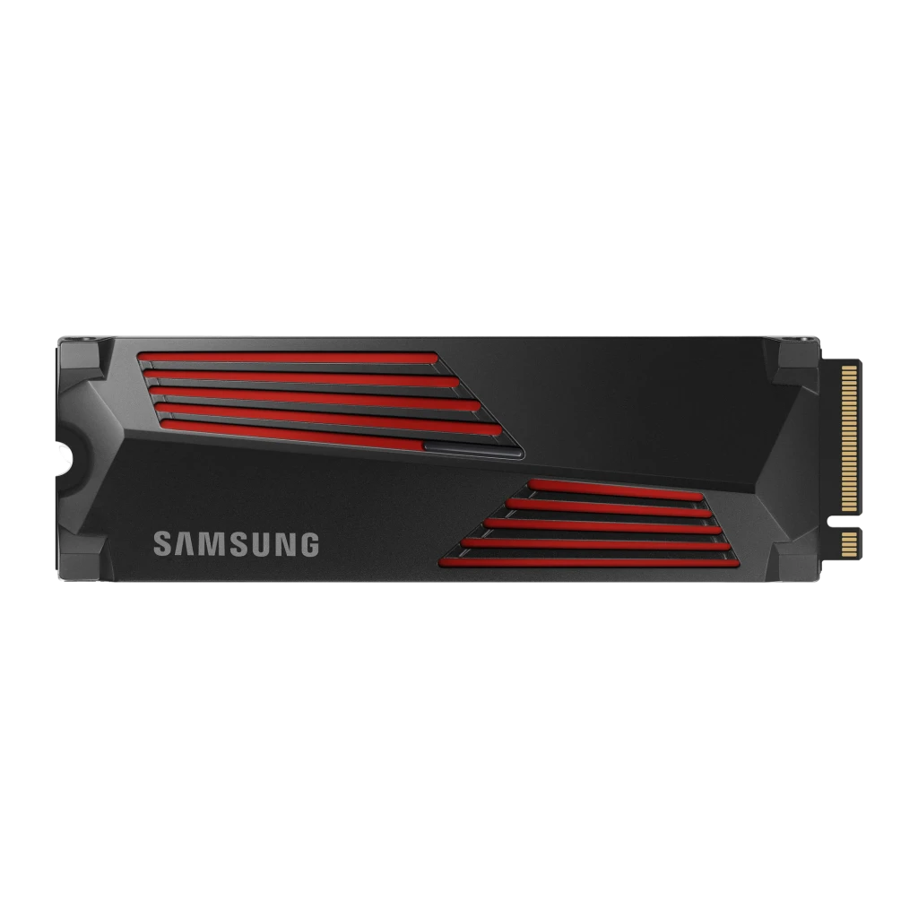 SSD Samsung 990 Pro Heatsink 2 To M.2 NVMe PCIe 4.0 avec dissipateur, détail: vue dessus avec ailettes rouges et connecteur