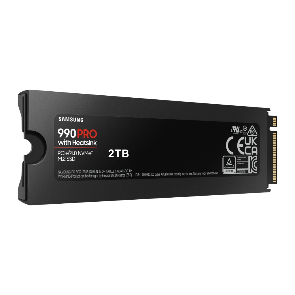 SSD Samsung 990 Pro Heatsink 2 To M.2 NVMe PCIe 4.0 avec dissipateur, vue arrière: étiquette avec logo, capacité 2