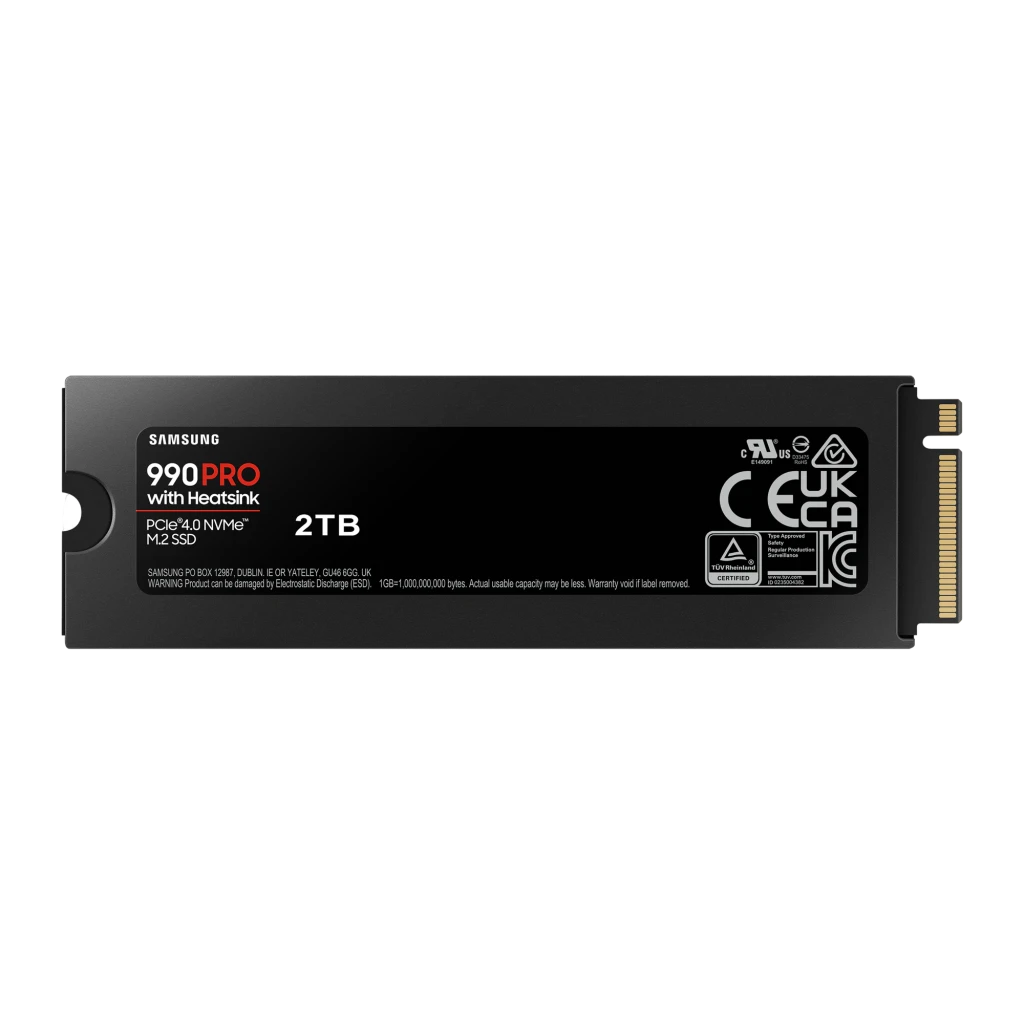 SSD Samsung 990 Pro Heatsink 2 To M.2 NVMe PCIe 4.0 avec dissipateur, vue arrière: surface noire avec étiquette 2 To, logo