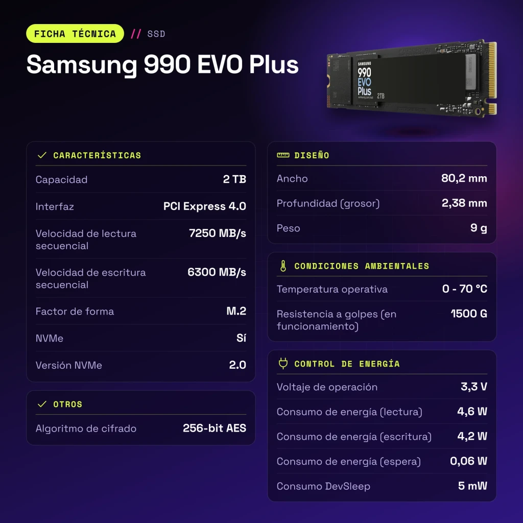 SSD Samsung 990 EVO Plus 2TB NVMe PCIe 4.0 M.2 2280 - características