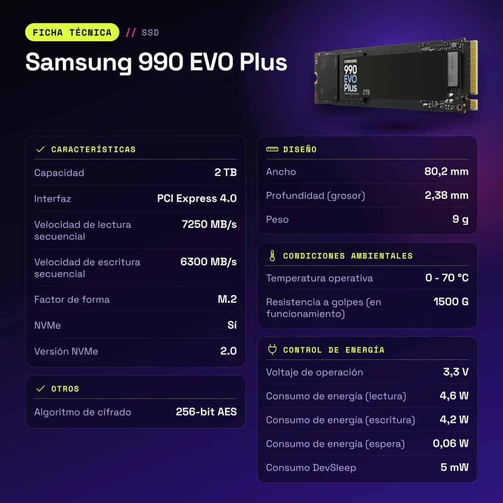 SSD Samsung 990 EVO Plus 2TB NVMe PCIe 4.0 M.2 2280 - características