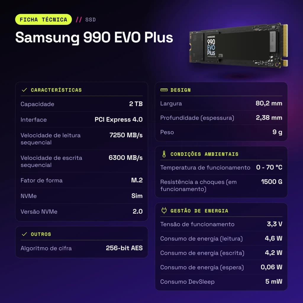 SSD Samsung 990 EVO Plus 2TB NVMe PCIe 4.0 M.2 2280 - características