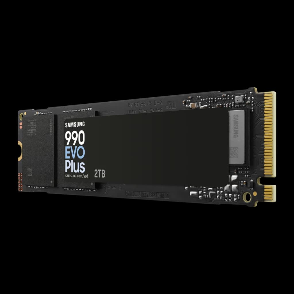 SSD Samsung 990 EVO Plus 2TB NVMe PCIe 4.0 M.2 2280, vista frontal: etiqueta negra con logo y conector dorado M.2 visible