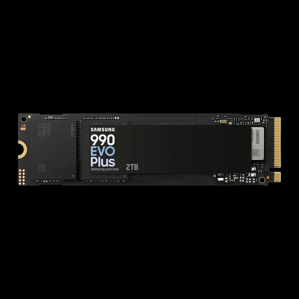 SSD Samsung 990 EVO Plus 2TB NVMe PCIe 4.0 M.2 2280, detalle: cara frontal con etiqueta, chips y conector dorado M.2