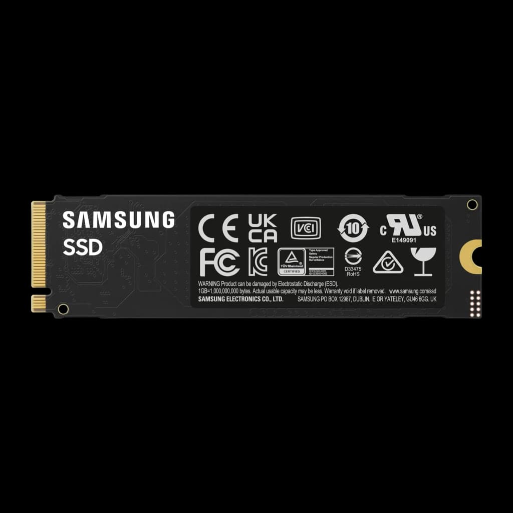 SSD Samsung 990 EVO Plus 2TB NVMe PCIe 4.0 M.2 2280, vista trasera: PCB negro con etiqueta de certificaciones y conector