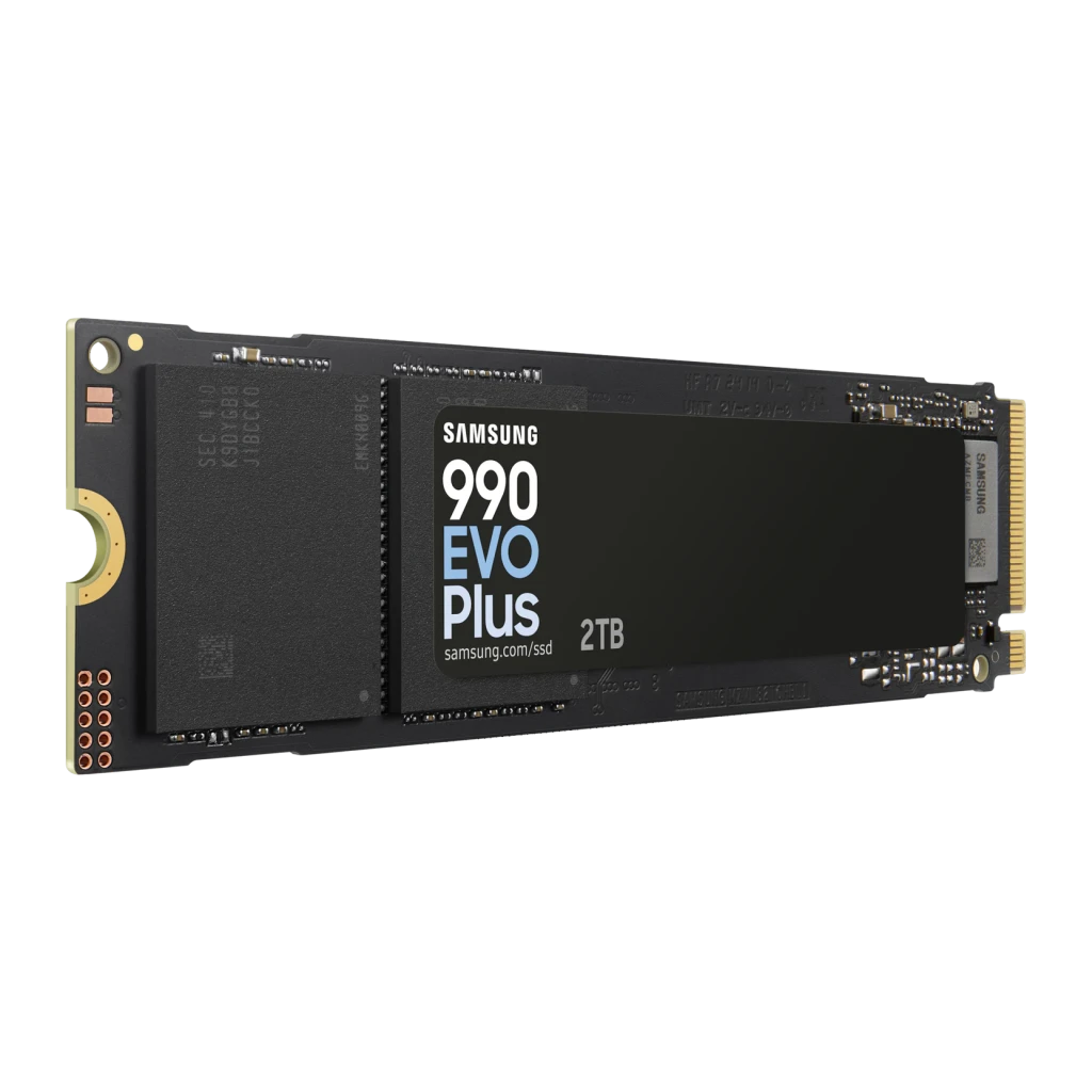SSD Samsung 990 EVO Plus 2TB NVMe PCIe 4.0 M.2 2280, detalle: vista en perspectiva con etiqueta, conector dorado y PCB negro