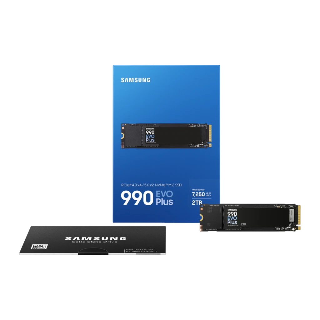 SSD Samsung 990 EVO Plus 2TB NVMe PCIe 4.0 M.2 2280, contenido de caja: unidad M.2, caja azul y guía de instalación