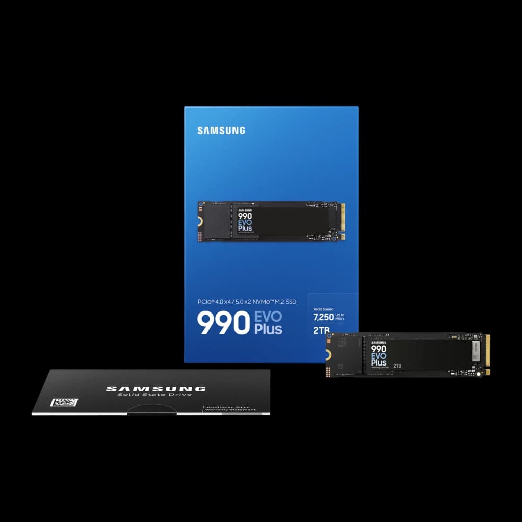 SSD Samsung 990 EVO Plus 2TB NVMe PCIe 4.0 M.2 2280, contenido de caja: unidad M.2, caja azul y guía de instalación