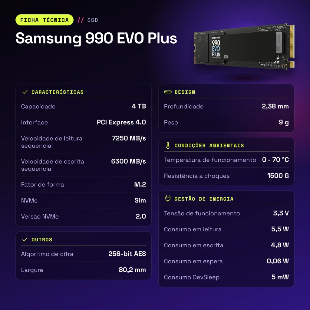 SSD Samsung 990 EVO Plus 4 To NVMe PCIe 4.0 M.2 2280 - caractéristiques