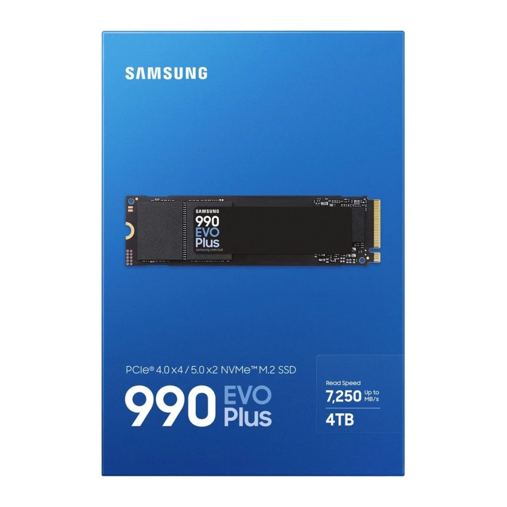 SSD Samsung 990 EVO Plus 4 To NVMe PCIe 4.0 M.2 2280, contenu de la boîte: boîte bleue face avant avec SSD M.2 et vitesse