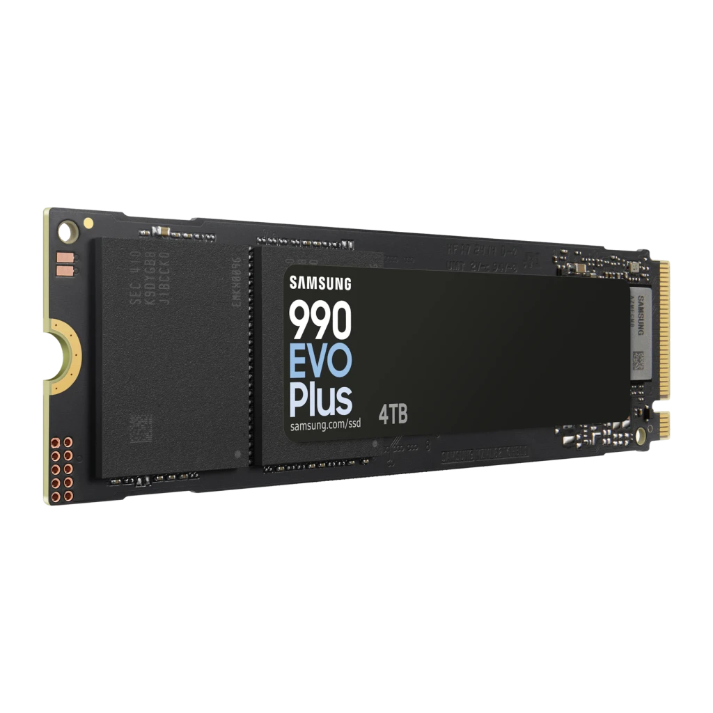 SSD Samsung 990 EVO Plus 4 To NVMe PCIe 4.0 M.2 2280, détail: vue latérale en angle avec étiquette, connecteur doré et puces