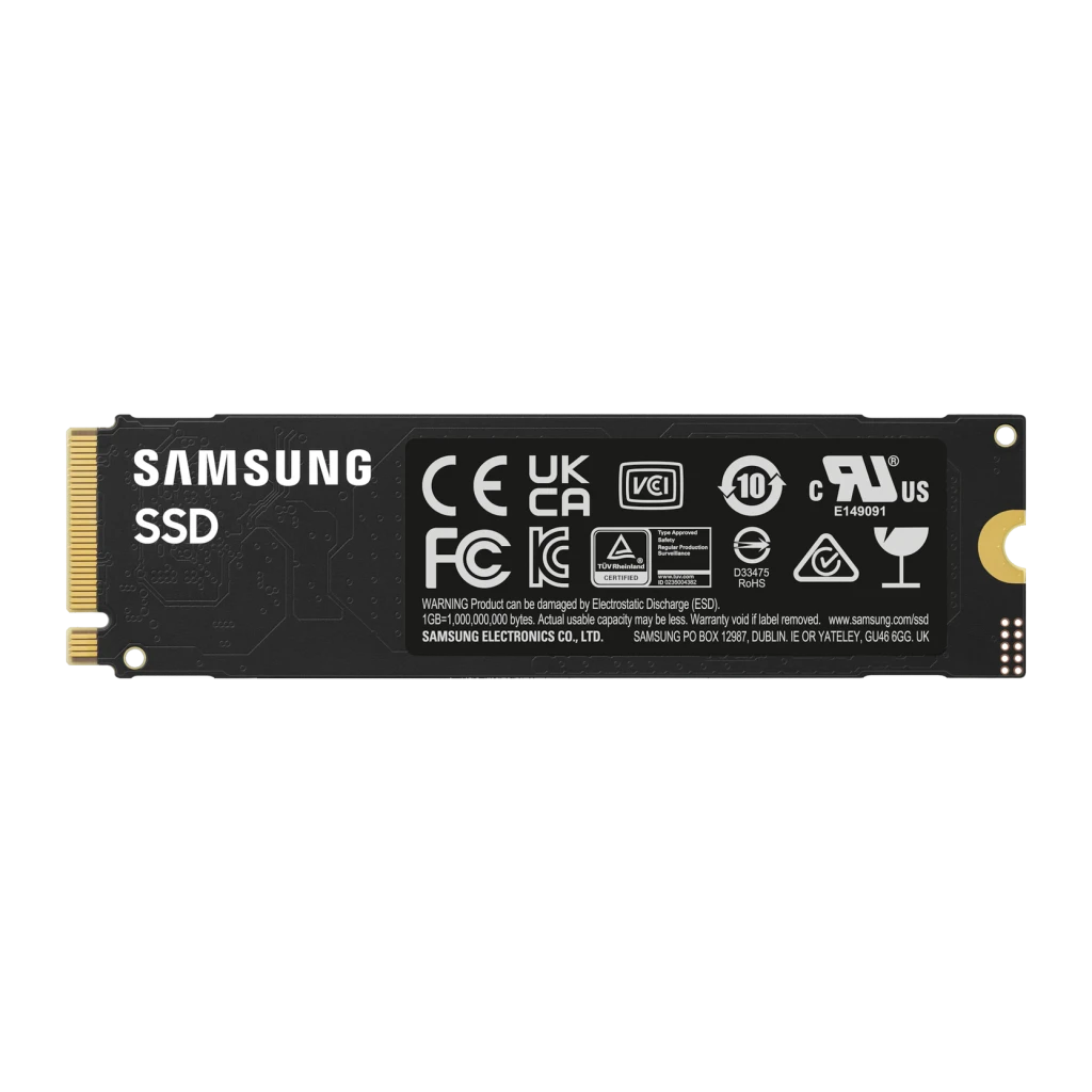 SSD Samsung 990 EVO Plus 4 To NVMe PCIe 4.0 M.2 2280, vue arrière: étiquette avec certifications CE FC RoHS et connecteur
