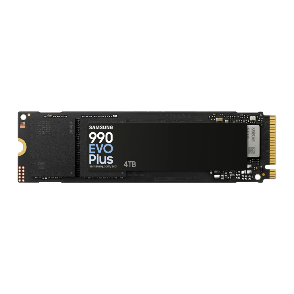 SSD Samsung 990 EVO Plus 4 To NVMe PCIe 4.0 M.2 2280, détail: face supérieure avec étiquette, puce NAND et connecteur doré