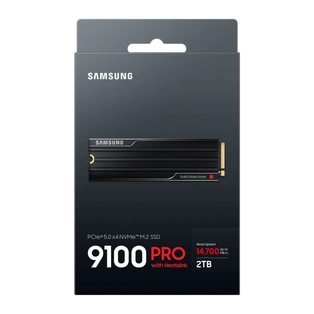 SSD Samsung 9100 Pro 2To NVMe PCIe 5.0 M.2 2280 avec dissipateur, contenu boîte: packaging noir face avant avec SSD