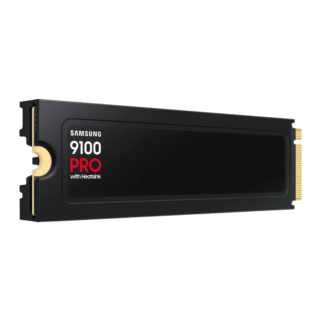 SSD Samsung 9100 Pro 2To NVMe PCIe 5.0 M.2 2280 avec dissipateur, vue arrière: dissipateur noir avec logo et connecteur doré