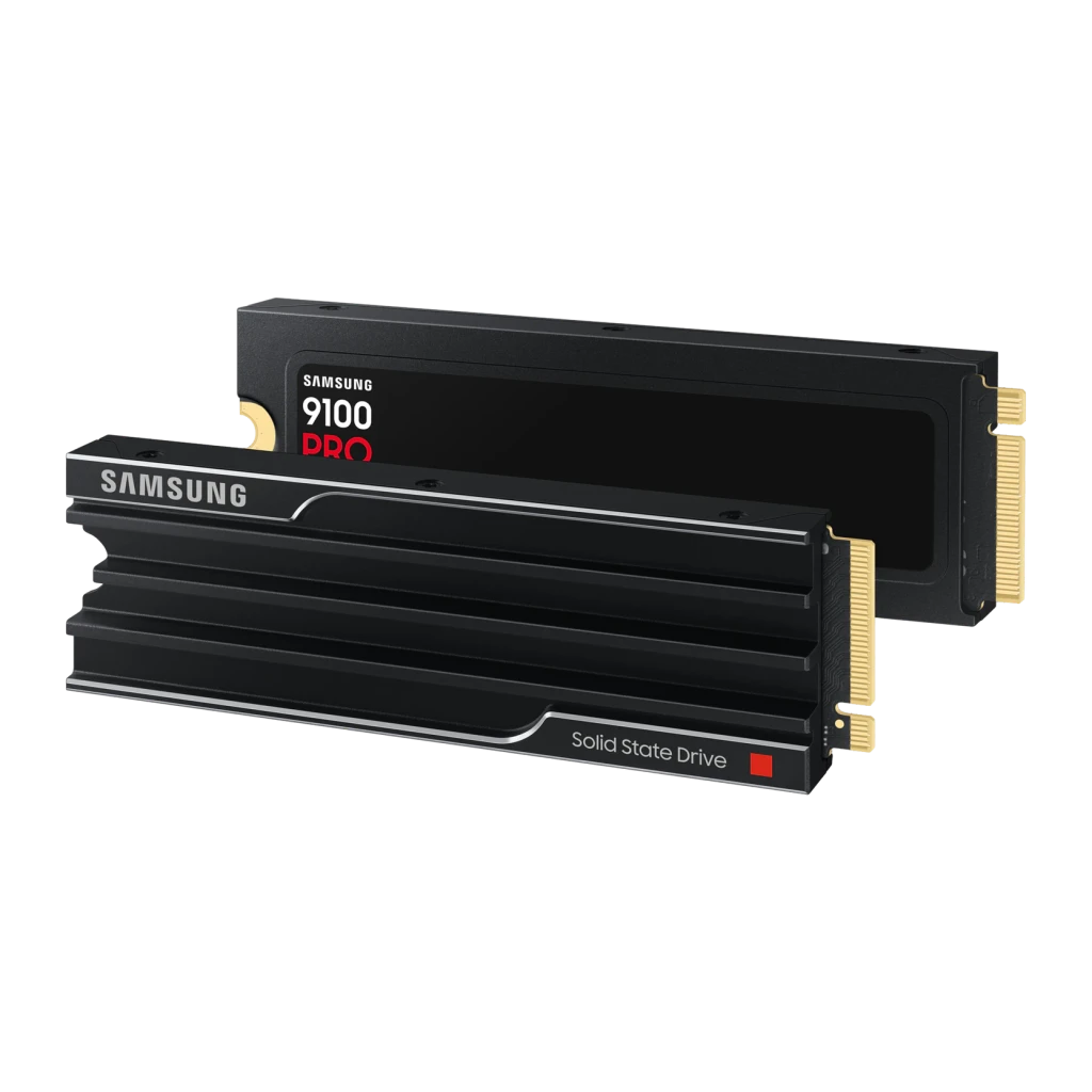 SSD Samsung 9100 Pro 2To NVMe PCIe 5.0 M.2 2280 avec dissipateur, détail: deux unités superposées montrant dissipateur noir