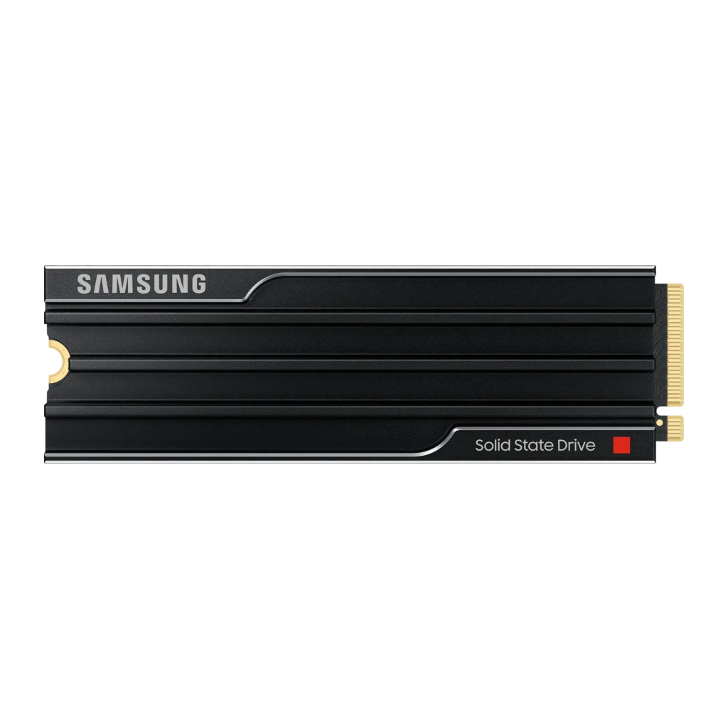 SSD Samsung 9100 Pro 2To NVMe PCIe 5.0 M.2 2280 avec dissipateur, détail: ailettes du dissipateur noir, logo Samsung