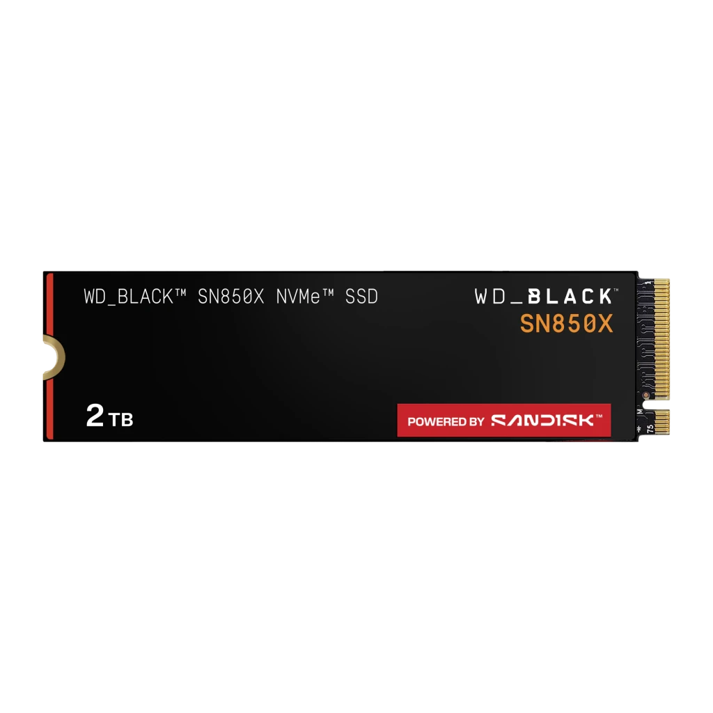 SSD WD_BLACK SN850X 2 To NVMe PCIe 4.0 M.2 2280, vue de face: étiquette noire avec logo SN850X orange, bande rouge latérale