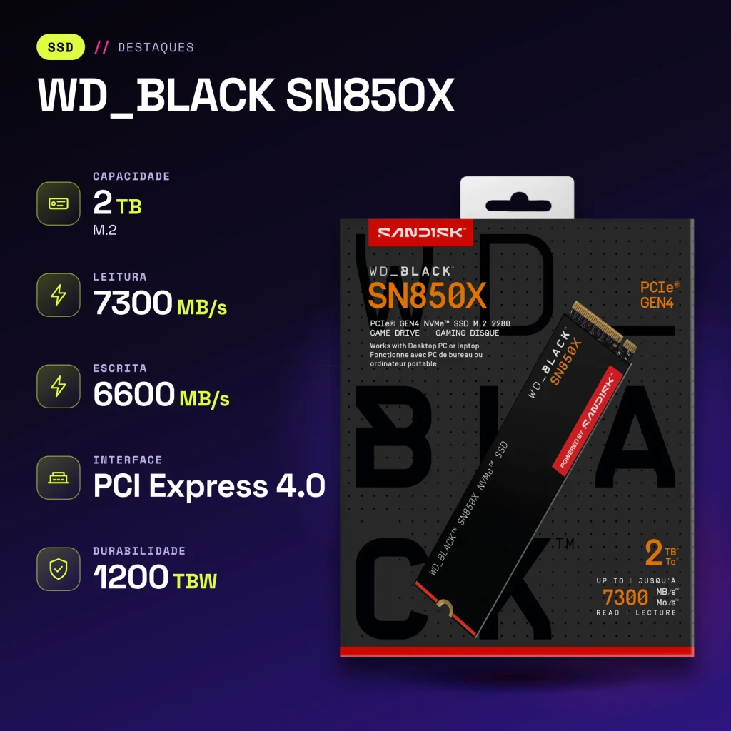 SSD WD_BLACK SN850X 2 To NVMe PCIe 4.0 M.2 2280 - caractéristiques
