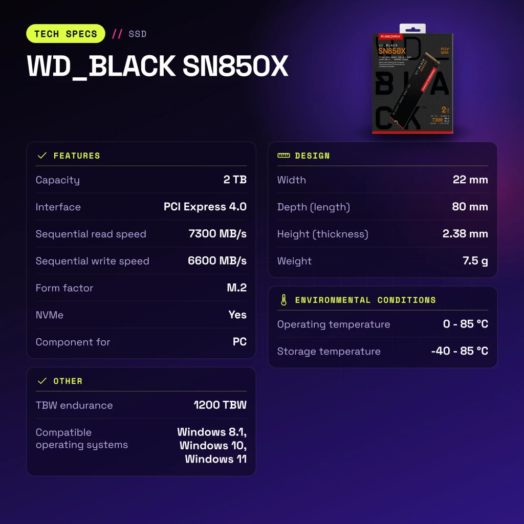 SSD WD_BLACK SN850X 2 To NVMe PCIe 4.0 M.2 2280 - caractéristiques