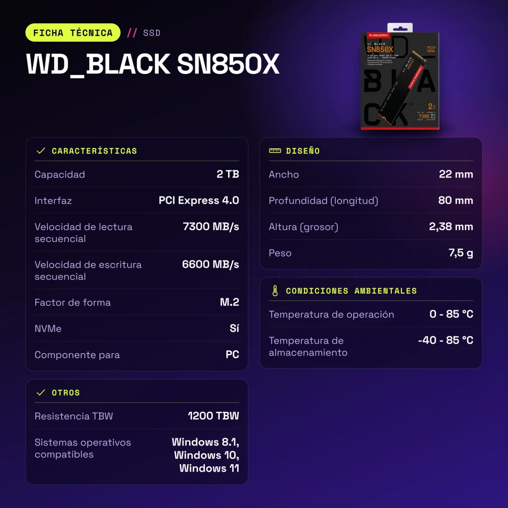 SSD WD_BLACK SN850X 2 To NVMe PCIe 4.0 M.2 2280 - caractéristiques