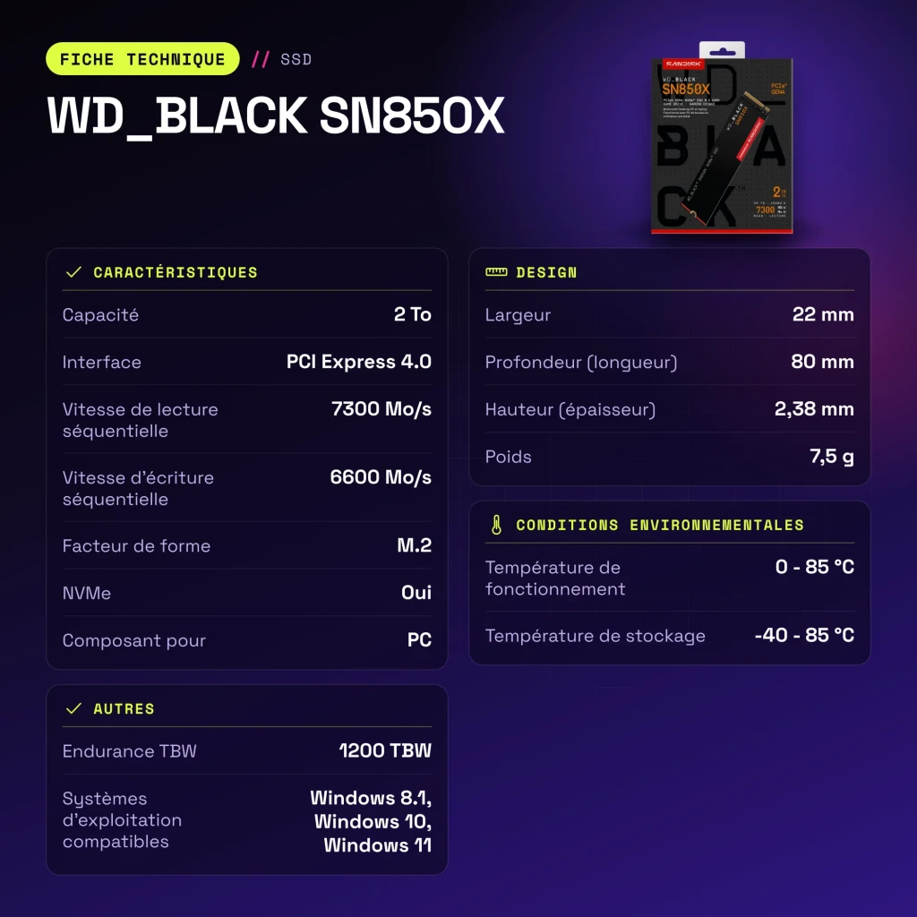 SSD WD_BLACK SN850X 2 To NVMe PCIe 4.0 M.2 2280 - caractéristiques