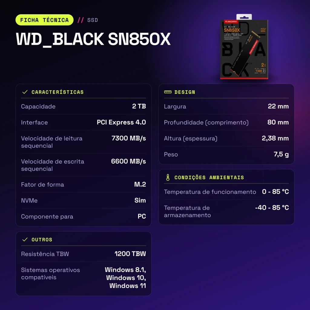 SSD WD_BLACK SN850X 2 To NVMe PCIe 4.0 M.2 2280 - caractéristiques