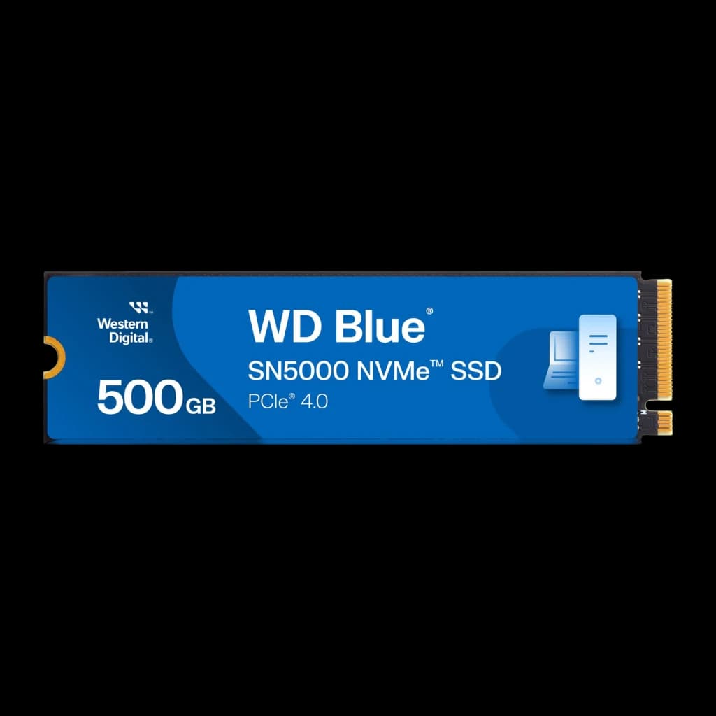 SSD WD Blue SN5000 500GB PCIe 4.0 M.2 2280, vista frontal: etiqueta azul con logo Western Digital, capacidad 500GB