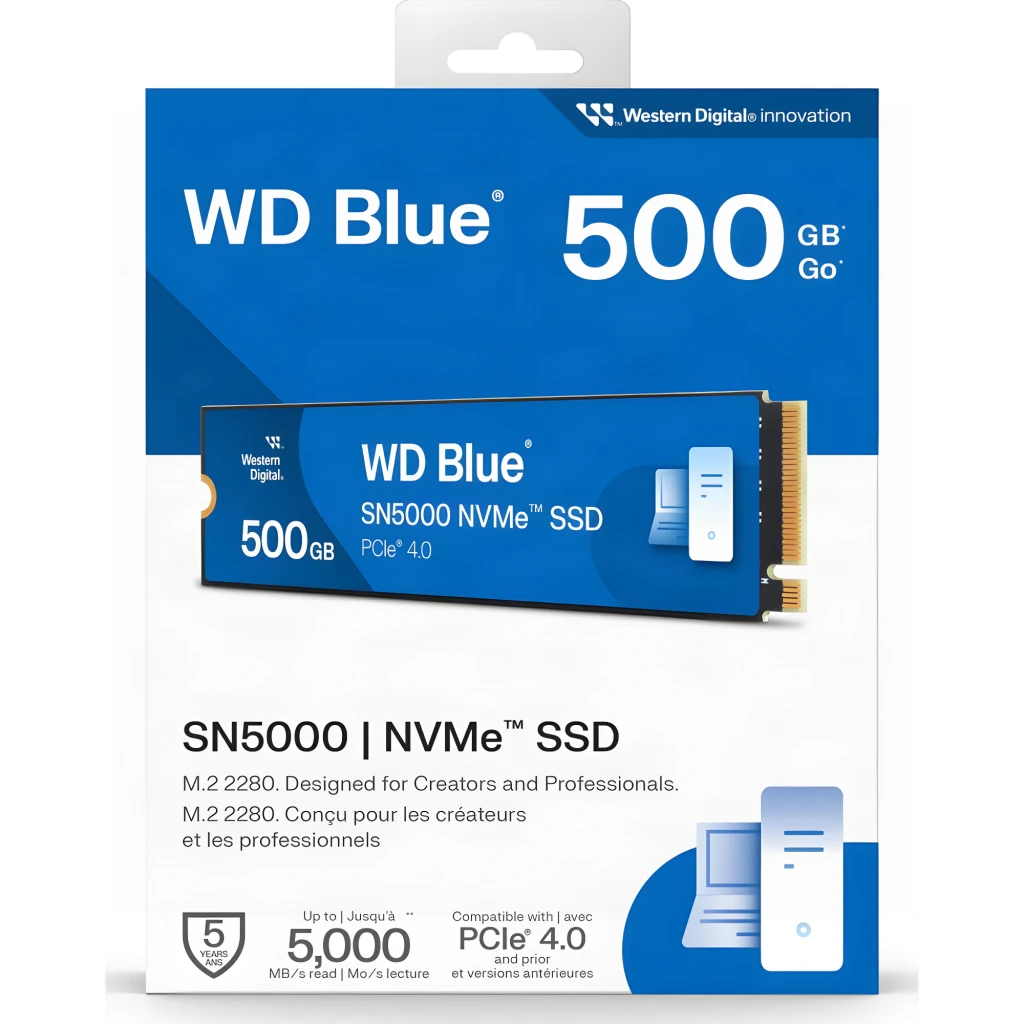 SSD WD Blue SN5000 500GB PCIe 4.0 M.2 2280, caja frontal: packaging azul con unidad M.2 visible y specs 5000 MB/s