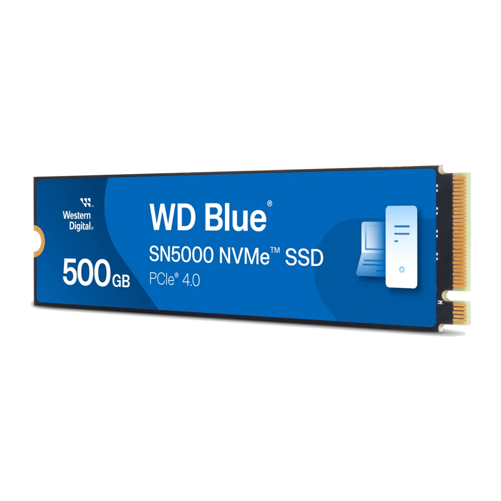 SSD WD Blue SN5000 500GB PCIe 4.0 M.2 2280, detalle: etiqueta azul con logo, capacidad y conector dorado M.2 visibles