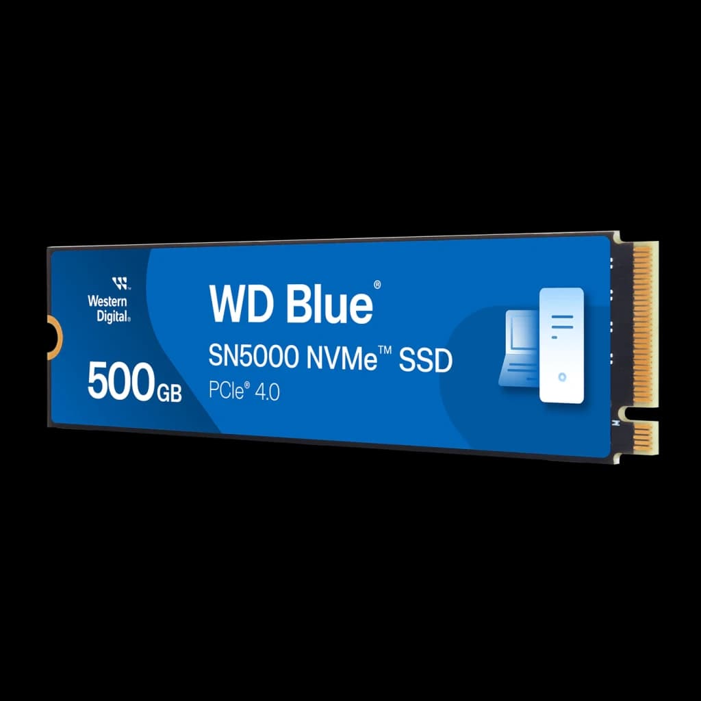 SSD WD Blue SN5000 500GB PCIe 4.0 M.2 2280, detalle: etiqueta azul con logo, capacidad y conector dorado M.2 visibles