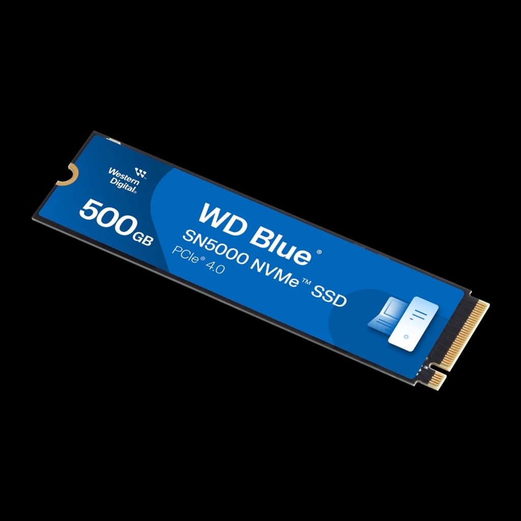 SSD WD Blue SN5000 500GB PCIe 4.0 M.2 2280, detalle: vista en perspectiva de la etiqueta azul con conector dorado M.2 visible