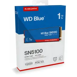 SSD WD Blue SN5100 1TB M.2 2280 PCIe 4.0, conteúdo da caixa: embalagem azul com unidade M.2 visível e especificações 7100