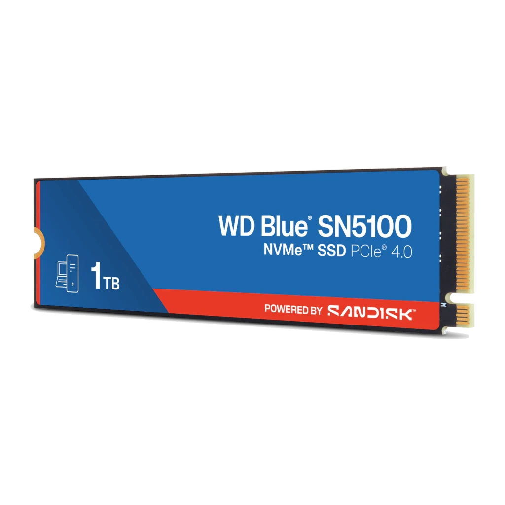 SSD WD Blue SN5100 1TB M.2 2280 PCIe 4.0, detalhe: vista lateral em ângulo com etiqueta azul, faixa vermelha e conector