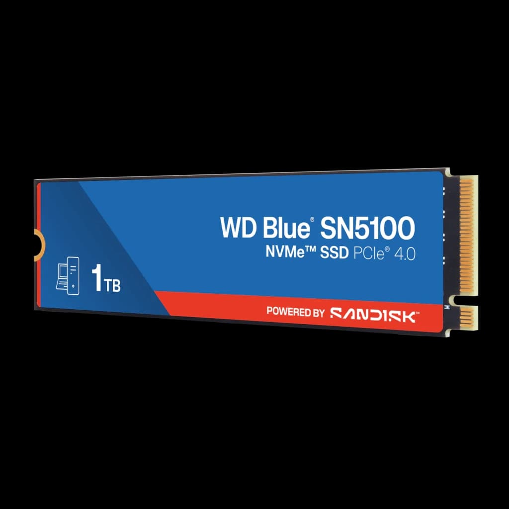 SSD WD Blue SN5100 1TB M.2 2280 PCIe 4.0, detalhe: vista lateral em ângulo com etiqueta azul, faixa vermelha e conector