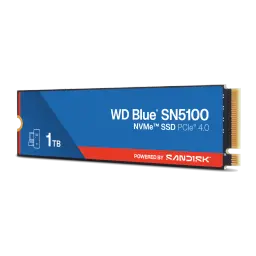 SSD WD Blue SN5100 1TB M.2 2280 PCIe 4.0, detalhe: vista lateral em ângulo com etiqueta azul, faixa vermelha e conector