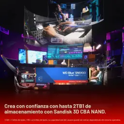 SSD WD Blue SN5100 1TB M.2 2280 PCIe 4.0, lifestyle: unidade sobre cena de estúdio criativo com ecrãs e utilizadores a editar