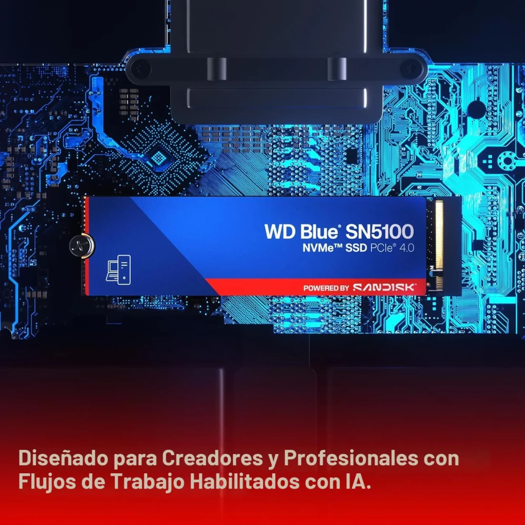 SSD WD Blue SN5100 1TB M.2 2280 PCIe 4.0, em uso: instalado em placa-mãe com iluminação azul e etiqueta Powered by SanDisk
