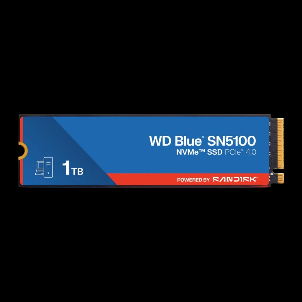 SSD WD Blue SN5100 1TB M.2 2280 PCIe 4.0, vista frontal: etiqueta azul e vermelha com logo, capacidade 1TB e conector