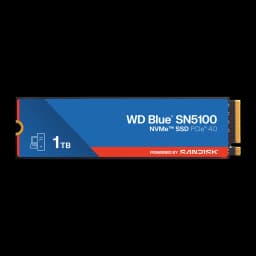 SSD WD Blue SN5100 1TB M.2 2280 PCIe 4.0, vista frontal: etiqueta azul e vermelha com logo, capacidade 1TB e conector