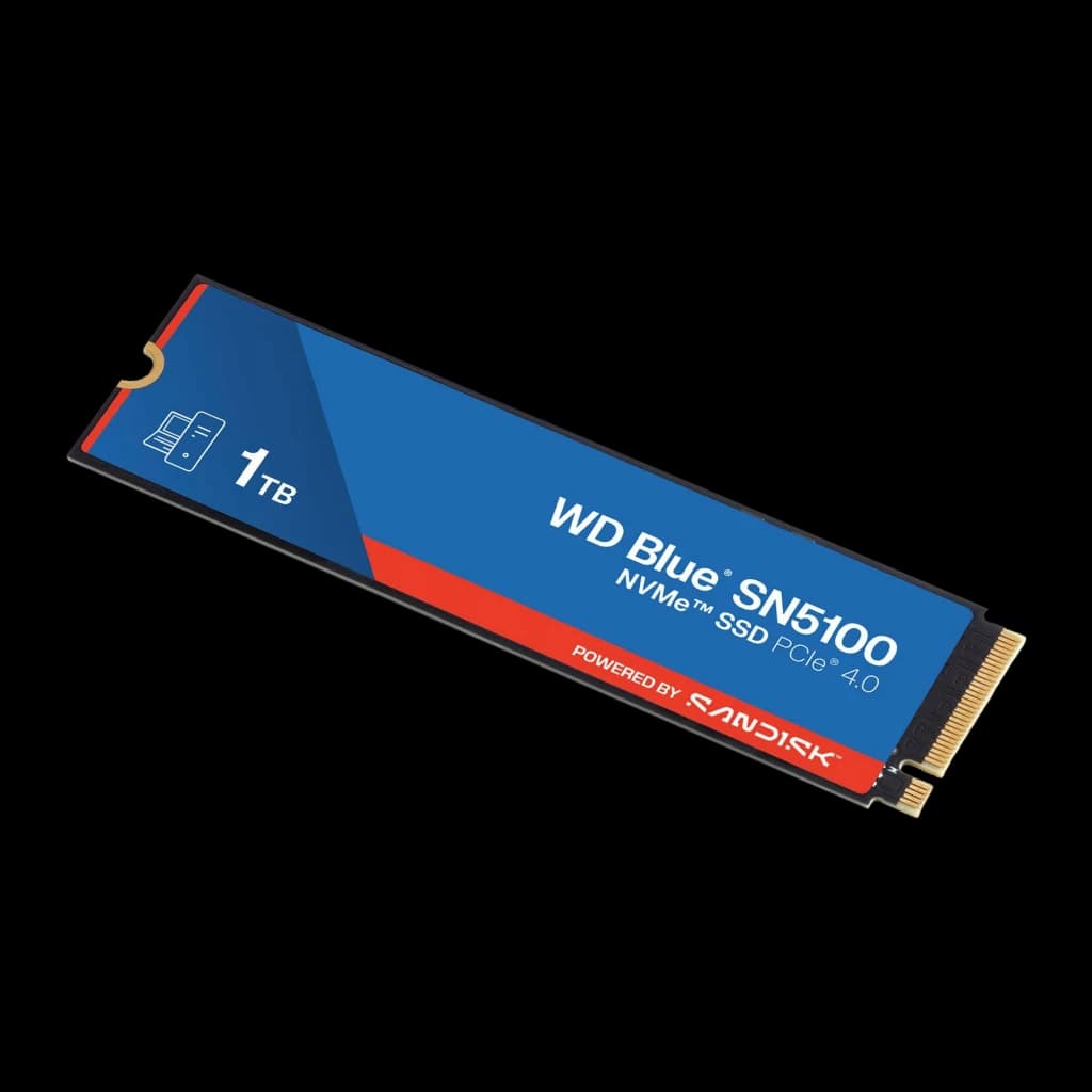 SSD WD Blue SN5100 1TB M.2 2280 PCIe 4.0, detalhe: etiqueta azul e vermelha com logo WD Blue SN5100, conector dourado M.2