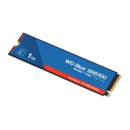 SSD WD Blue SN5100 1TB M.2 2280 PCIe 4.0, detalhe: etiqueta azul e vermelha com logo WD Blue SN5100, conector dourado M.2