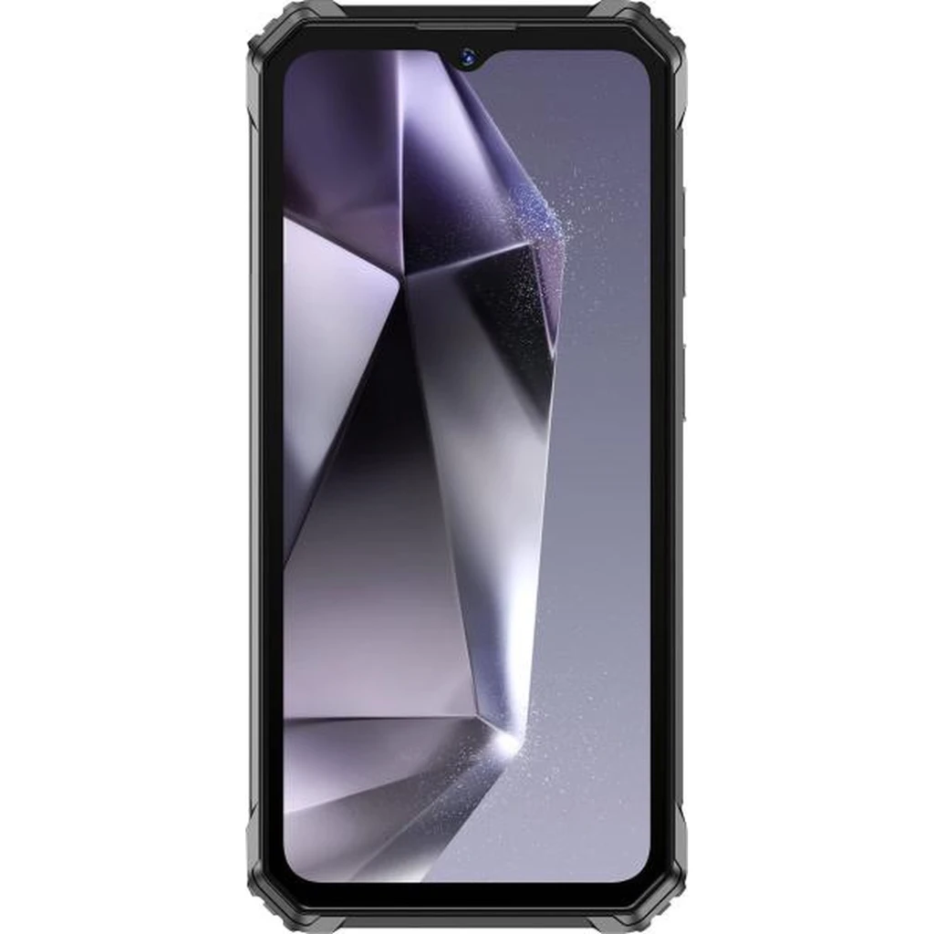 Smartphone rugerizado negro Oukitel G7 con cuerpo texturizado, marco metálico, triple cámara trasera con aro dorado, pantalla frontal con notch central - Ítem1