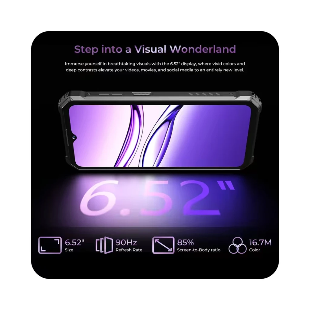 Smartphone rugerizado negro Oukitel G7 con cuerpo texturizado, marco metálico, triple cámara trasera con aro dorado, pantalla frontal con notch central - Ítem3